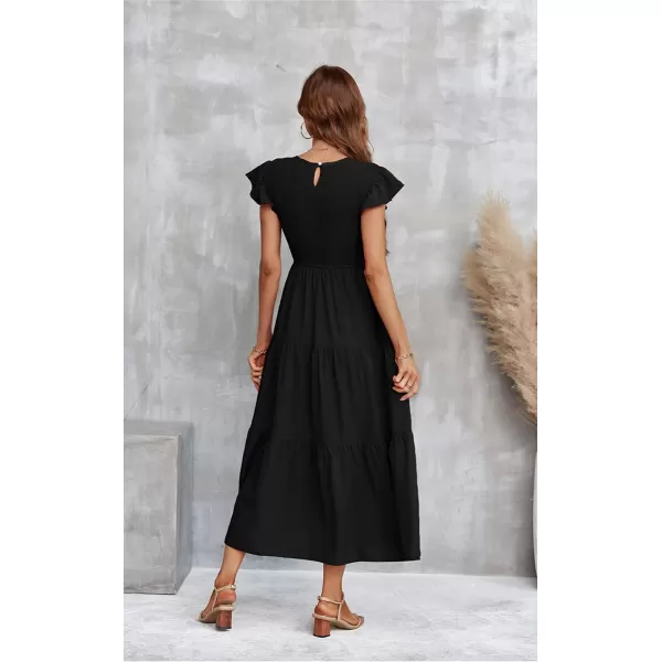 ECOWISH Womens Summer Dresses 2024 Elegant Lady Wedding Guest Cocktail Ruffle Cap Sleeves ALine Office Midi Dress297 Black