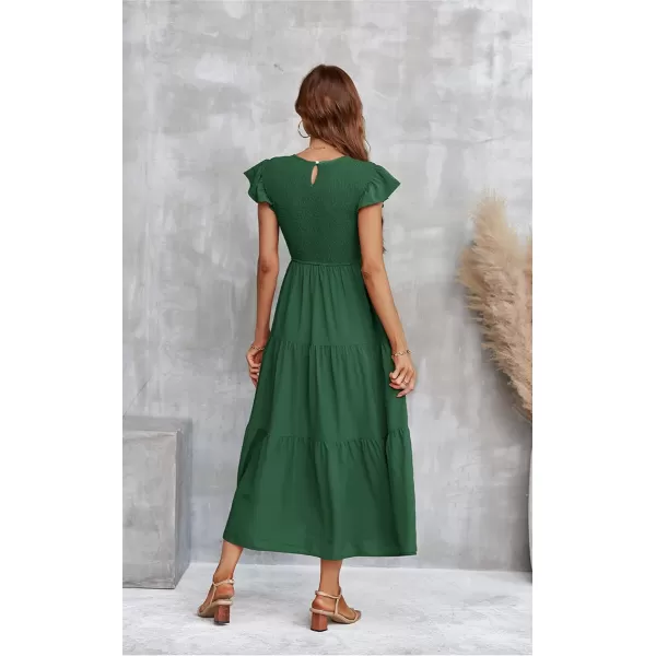 ECOWISH Womens Summer Dresses 2024 Elegant Lady Wedding Guest Cocktail Ruffle Cap Sleeves ALine Office Midi Dress297 Dark Green