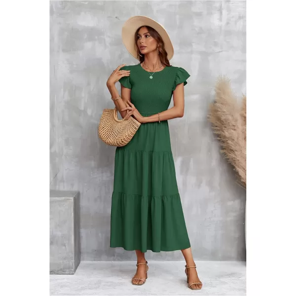 ECOWISH Womens Summer Dresses 2024 Elegant Lady Wedding Guest Cocktail Ruffle Cap Sleeves ALine Office Midi Dress297 Dark Green