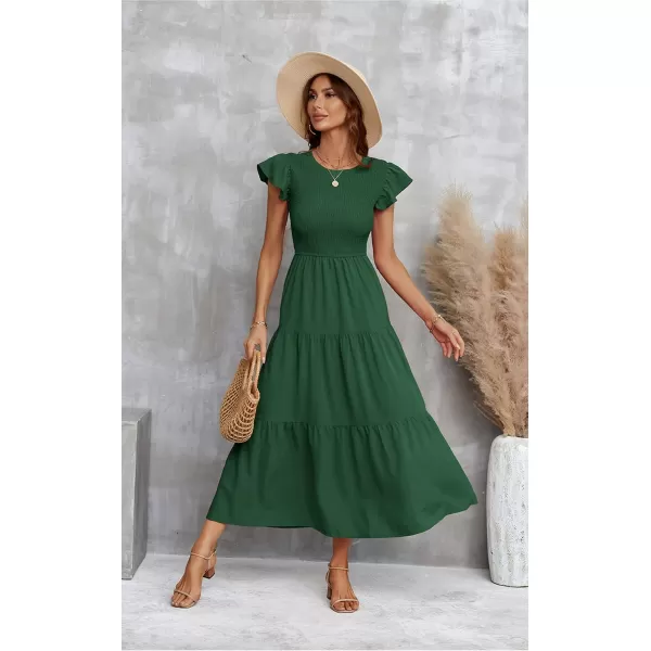 ECOWISH Womens Summer Dresses 2024 Elegant Lady Wedding Guest Cocktail Ruffle Cap Sleeves ALine Office Midi Dress297 Dark Green
