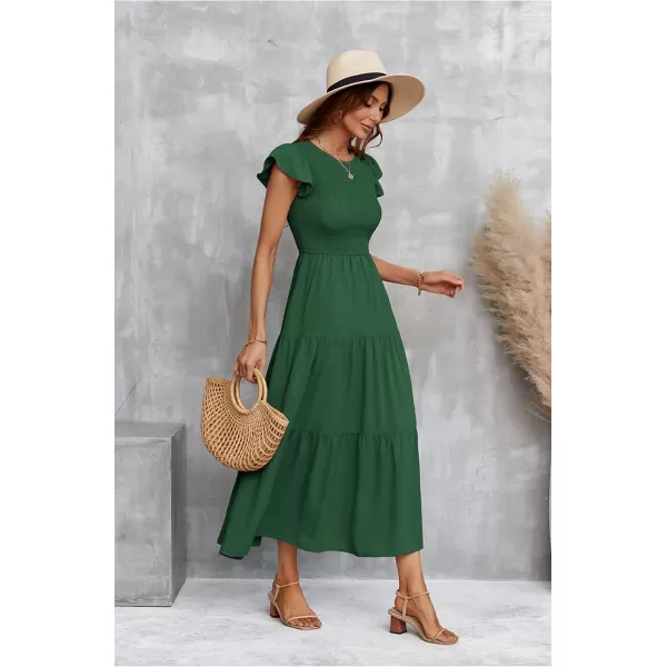 ECOWISH Womens Summer Dresses 2024 Elegant Lady Wedding Guest Cocktail Ruffle Cap Sleeves ALine Office Midi Dress297 Dark Green