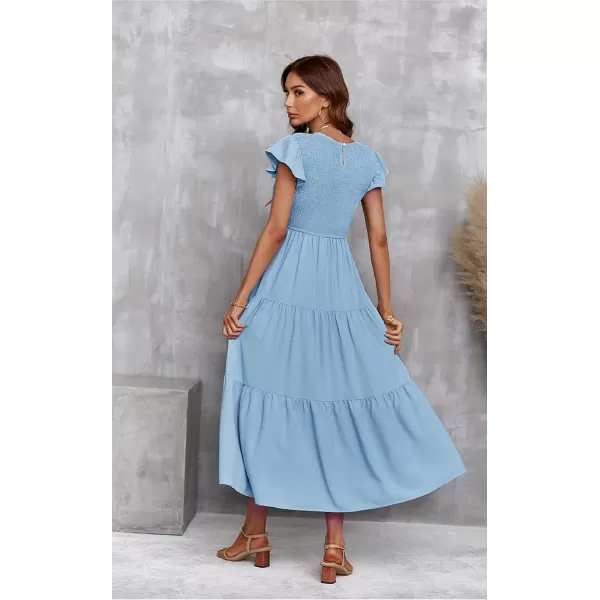ECOWISH Womens Summer Dresses 2024 Elegant Lady Wedding Guest Cocktail Ruffle Cap Sleeves ALine Office Midi Dress297 Light Blue