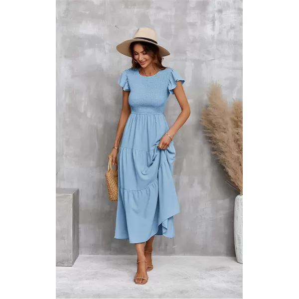 ECOWISH Womens Summer Dresses 2024 Elegant Lady Wedding Guest Cocktail Ruffle Cap Sleeves ALine Office Midi Dress297 Light Blue
