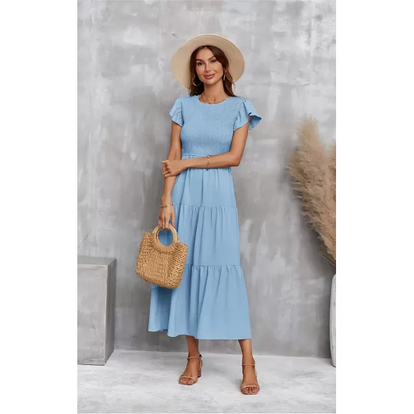 ECOWISH Womens Summer Dresses 2024 Elegant Lady Wedding Guest Cocktail Ruffle Cap Sleeves ALine Office Midi Dress297 Light Blue