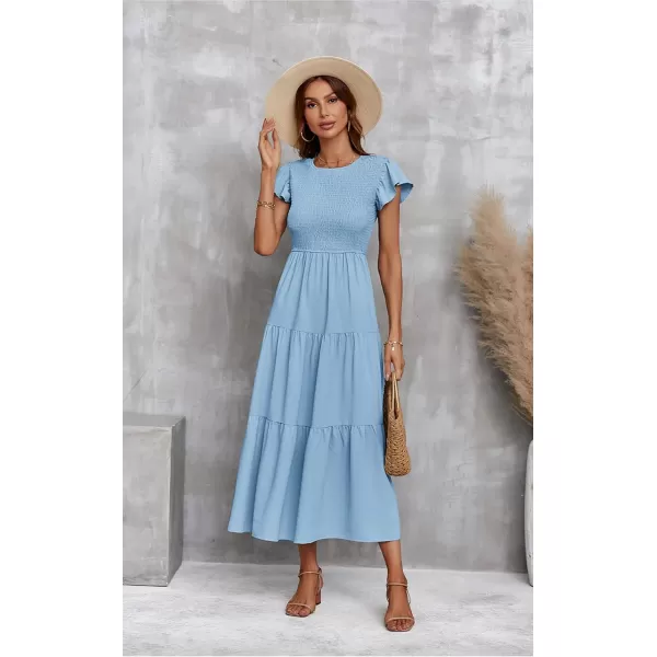 ECOWISH Womens Summer Dresses 2024 Elegant Lady Wedding Guest Cocktail Ruffle Cap Sleeves ALine Office Midi Dress297 Light Blue