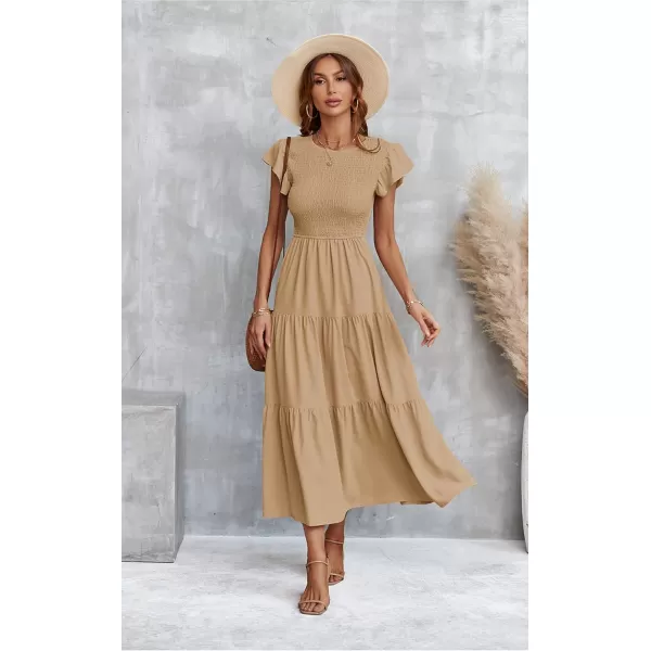 ECOWISH Womens Summer Dresses 2024 Elegant Lady Wedding Guest Cocktail Ruffle Cap Sleeves ALine Office Midi Dress297 Light Khaki