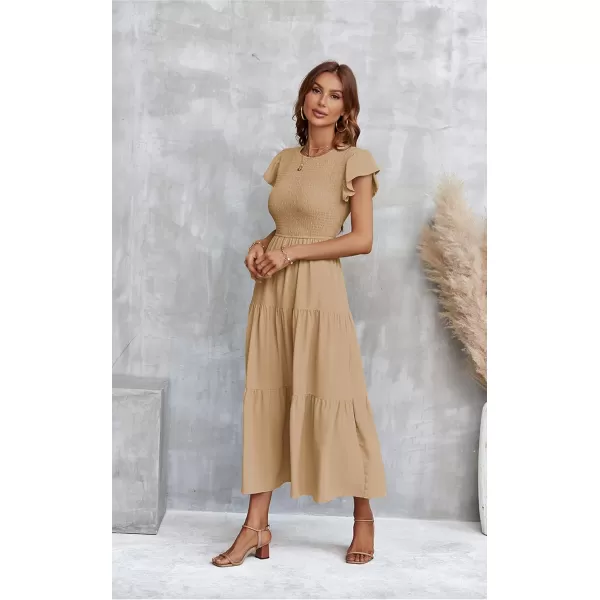 ECOWISH Womens Summer Dresses 2024 Elegant Lady Wedding Guest Cocktail Ruffle Cap Sleeves ALine Office Midi Dress297 Light Khaki