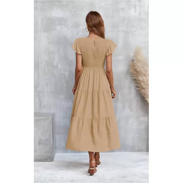 ECOWISH Womens Summer Dresses 2024 Elegant Lady Wedding Guest Cocktail Ruffle Cap Sleeves ALine Office Midi Dress297 Light Khaki
