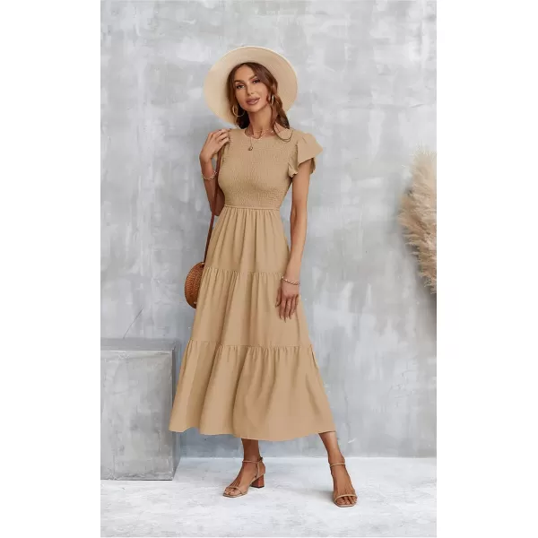 ECOWISH Womens Summer Dresses 2024 Elegant Lady Wedding Guest Cocktail Ruffle Cap Sleeves ALine Office Midi Dress297 Light Khaki
