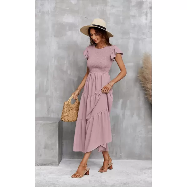 ECOWISH Womens Summer Dresses 2024 Elegant Lady Wedding Guest Cocktail Ruffle Cap Sleeves ALine Office Midi Dress297 Pink