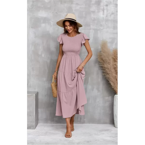 ECOWISH Womens Summer Dresses 2024 Elegant Lady Wedding Guest Cocktail Ruffle Cap Sleeves ALine Office Midi Dress297 Pink
