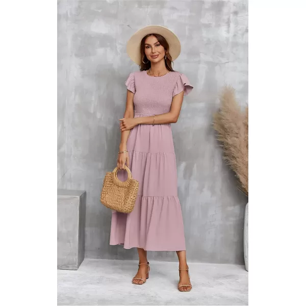 ECOWISH Womens Summer Dresses 2024 Elegant Lady Wedding Guest Cocktail Ruffle Cap Sleeves ALine Office Midi Dress297 Pink