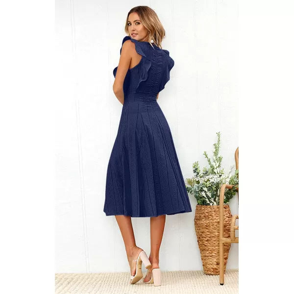 ECOWISH Womens Summer Dresses 2024 Elegant Lady Wedding Guest Cocktail Ruffle Cap Sleeves ALine Office Midi DressNavy