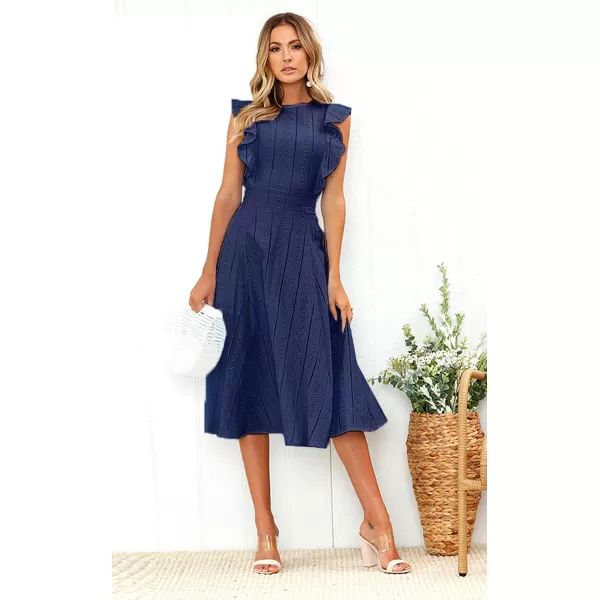 ECOWISH Womens Summer Dresses 2024 Elegant Lady Wedding Guest Cocktail Ruffle Cap Sleeves ALine Office Midi DressNavy