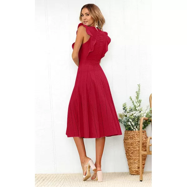 ECOWISH Womens Summer Dresses 2024 Elegant Lady Wedding Guest Cocktail Ruffle Cap Sleeves ALine Office Midi DressRed