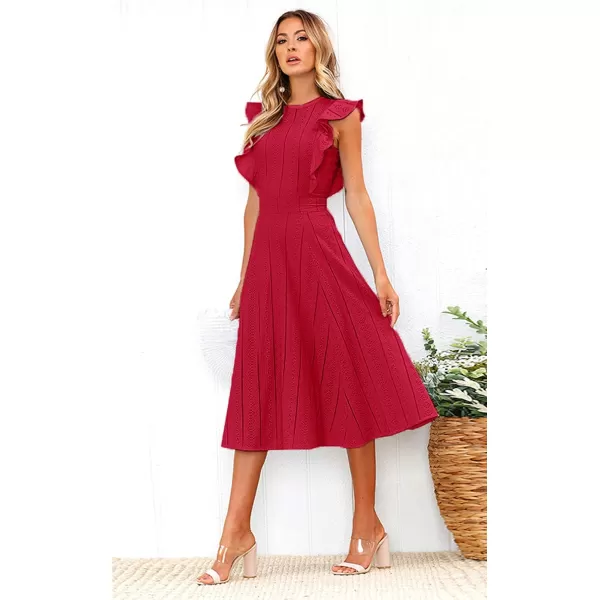 ECOWISH Womens Summer Dresses 2024 Elegant Lady Wedding Guest Cocktail Ruffle Cap Sleeves ALine Office Midi DressRed
