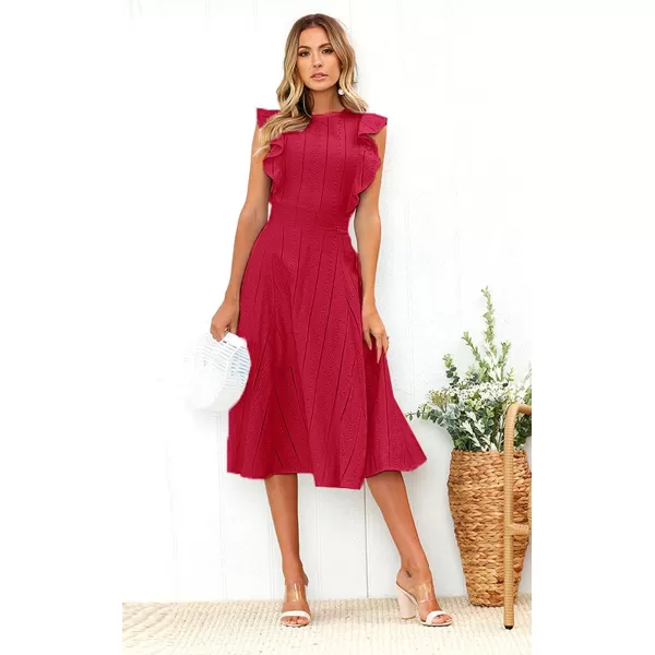 ECOWISH Womens Summer Dresses 2024 Elegant Lady Wedding Guest Cocktail Ruffle Cap Sleeves ALine Office Midi DressRed