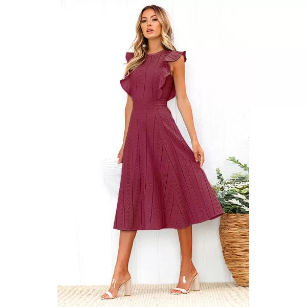 ECOWISH Womens Summer Dresses 2024 Elegant Lady Wedding Guest Cocktail Ruffle Cap Sleeves ALine Office Midi DressWine Red