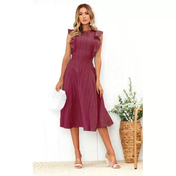 ECOWISH Womens Summer Dresses 2024 Elegant Lady Wedding Guest Cocktail Ruffle Cap Sleeves ALine Office Midi DressWine Red