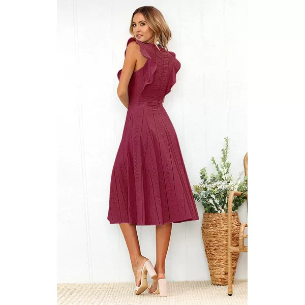 ECOWISH Womens Summer Dresses 2024 Elegant Lady Wedding Guest Cocktail Ruffle Cap Sleeves ALine Office Midi DressWine Red