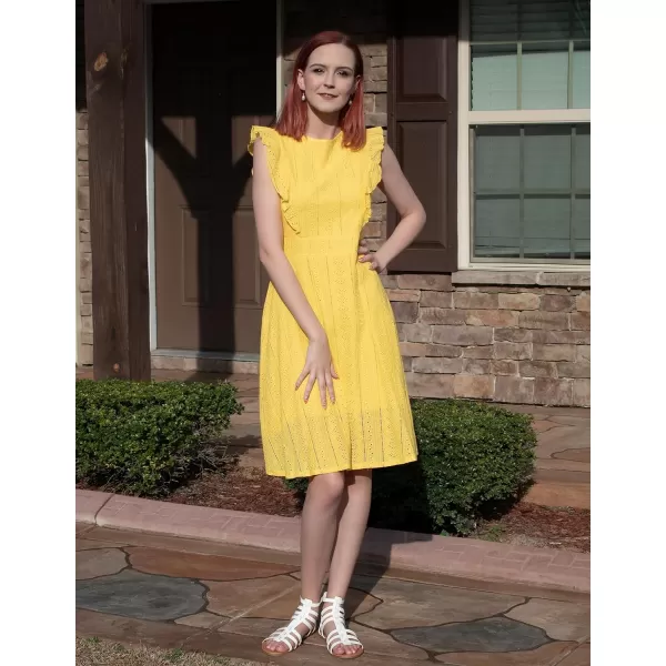 ECOWISH Womens Summer Dresses 2024 Elegant Lady Wedding Guest Cocktail Ruffle Cap Sleeves ALine Office Midi DressYellow