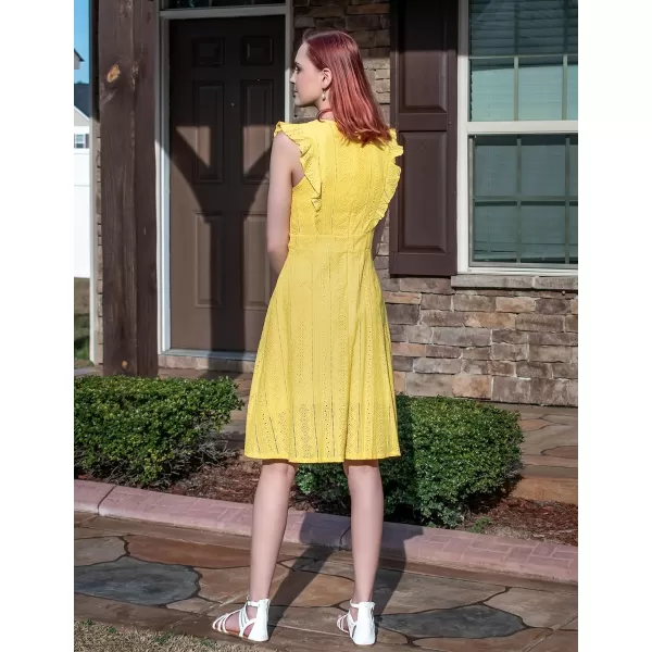 ECOWISH Womens Summer Dresses 2024 Elegant Lady Wedding Guest Cocktail Ruffle Cap Sleeves ALine Office Midi DressYellow