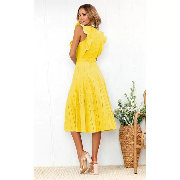 ECOWISH Womens Summer Dresses 2024 Elegant Lady Wedding Guest Cocktail Ruffle Cap Sleeves ALine Office Midi DressYellow