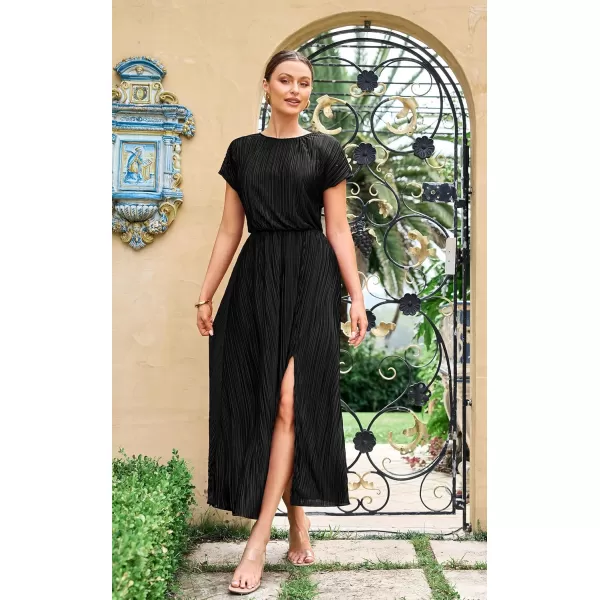 ECOWISH Womens Summer Maxi Dresses Crew Neck Ruffle Cocktail Dress Sexy Pleated Slit Long SundressesBlack