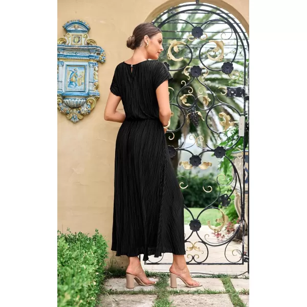 ECOWISH Womens Summer Maxi Dresses Crew Neck Ruffle Cocktail Dress Sexy Pleated Slit Long SundressesBlack