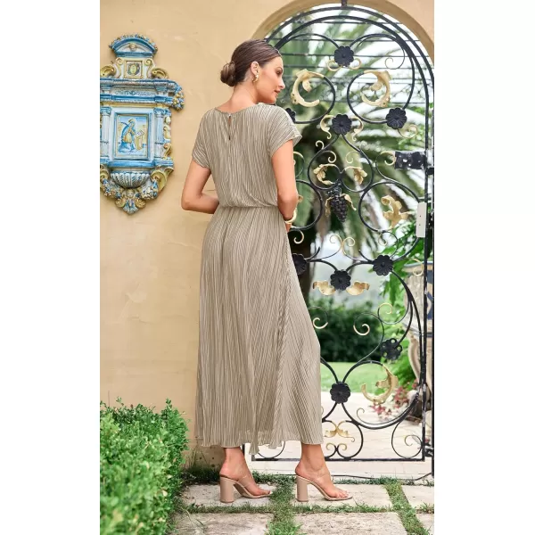 ECOWISH Womens Summer Maxi Dresses Crew Neck Ruffle Cocktail Dress Sexy Pleated Slit Long SundressesChampagne
