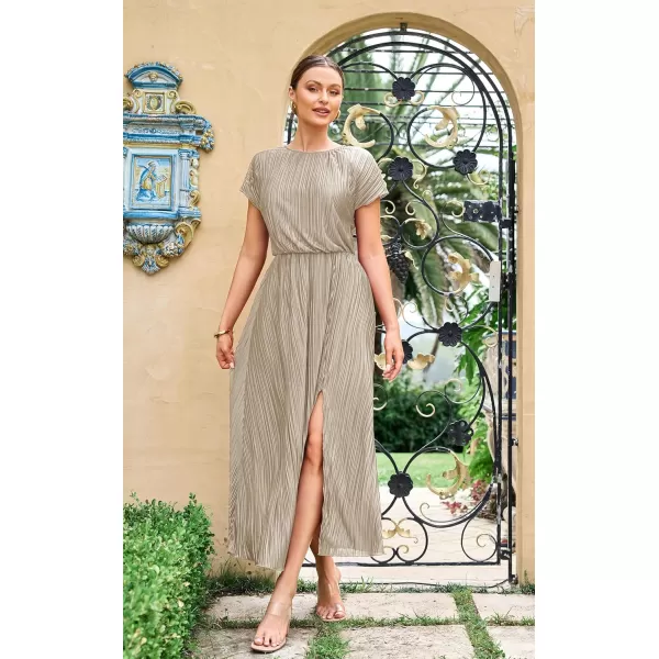 ECOWISH Womens Summer Maxi Dresses Crew Neck Ruffle Cocktail Dress Sexy Pleated Slit Long SundressesChampagne