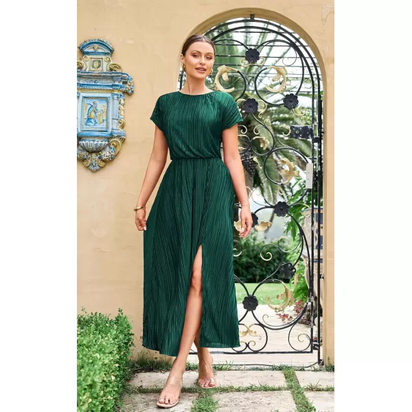 ECOWISH Womens Summer Maxi Dresses Crew Neck Ruffle Cocktail Dress Sexy Pleated Slit Long SundressesGreen