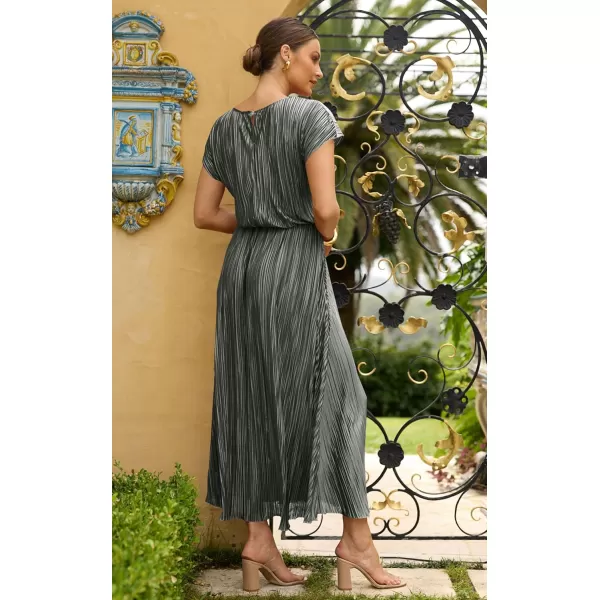 ECOWISH Womens Summer Maxi Dresses Crew Neck Ruffle Cocktail Dress Sexy Pleated Slit Long SundressesGrey