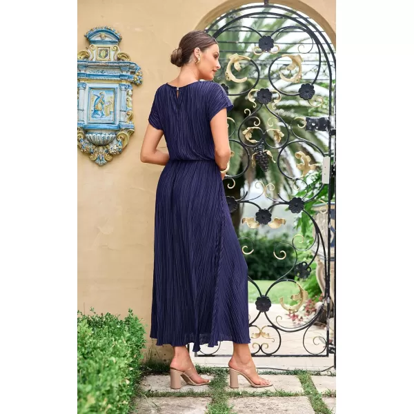 ECOWISH Womens Summer Maxi Dresses Crew Neck Ruffle Cocktail Dress Sexy Pleated Slit Long SundressesNavy Blue
