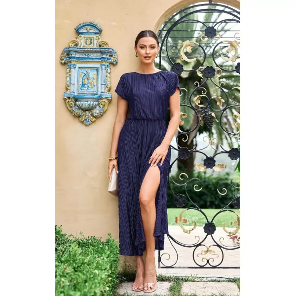 ECOWISH Womens Summer Maxi Dresses Crew Neck Ruffle Cocktail Dress Sexy Pleated Slit Long SundressesNavy Blue