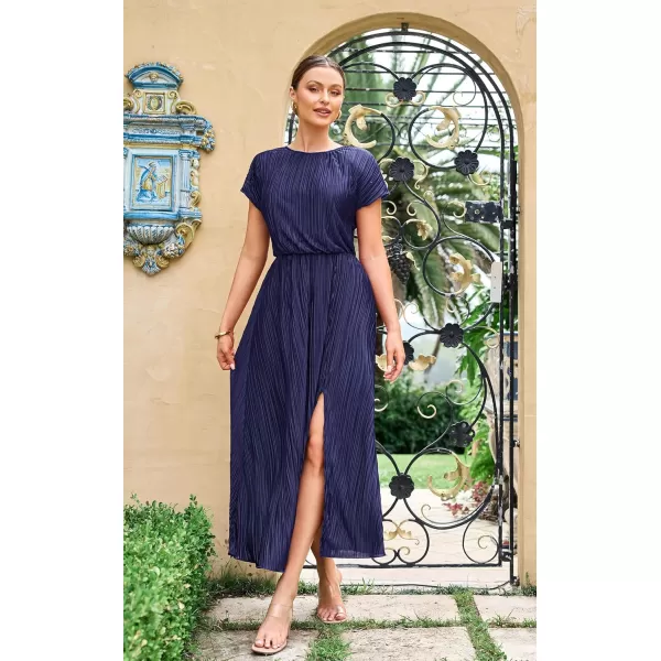 ECOWISH Womens Summer Maxi Dresses Crew Neck Ruffle Cocktail Dress Sexy Pleated Slit Long SundressesNavy Blue
