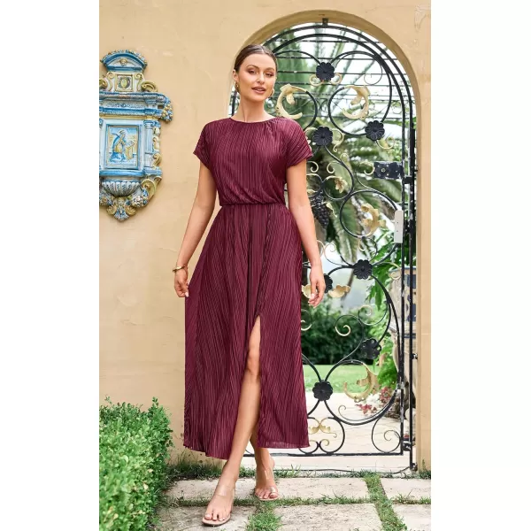 ECOWISH Womens Summer Maxi Dresses Crew Neck Ruffle Cocktail Dress Sexy Pleated Slit Long SundressesWine Red