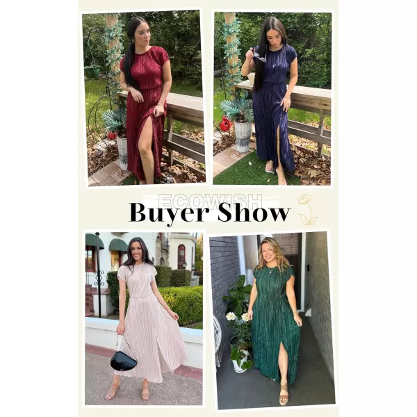 ECOWISH Womens Summer Maxi Dresses Crew Neck Ruffle Cocktail Dress Sexy Pleated Slit Long SundressesWine Red