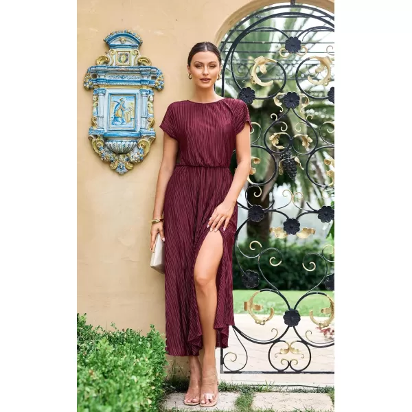 ECOWISH Womens Summer Maxi Dresses Crew Neck Ruffle Cocktail Dress Sexy Pleated Slit Long SundressesWine Red