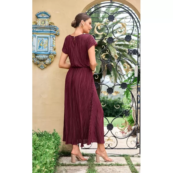 ECOWISH Womens Summer Maxi Dresses Crew Neck Ruffle Cocktail Dress Sexy Pleated Slit Long SundressesWine Red