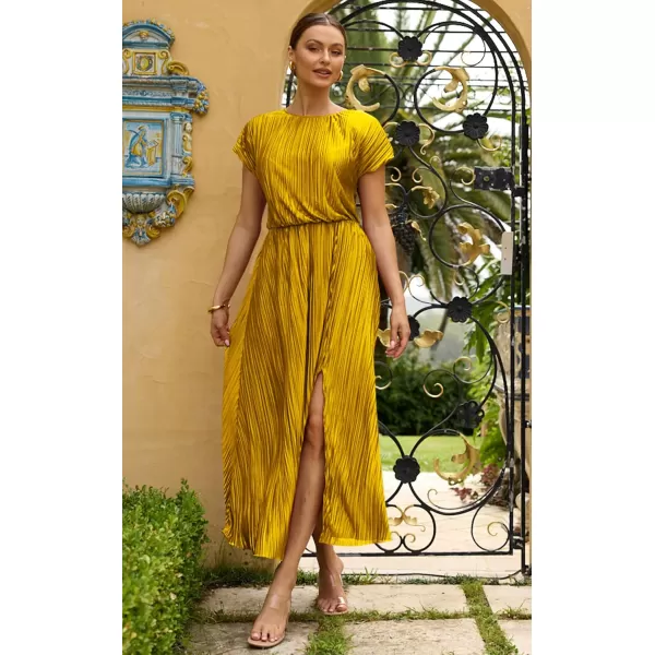 ECOWISH Womens Summer Maxi Dresses Crew Neck Ruffle Cocktail Dress Sexy Pleated Slit Long SundressesYellow