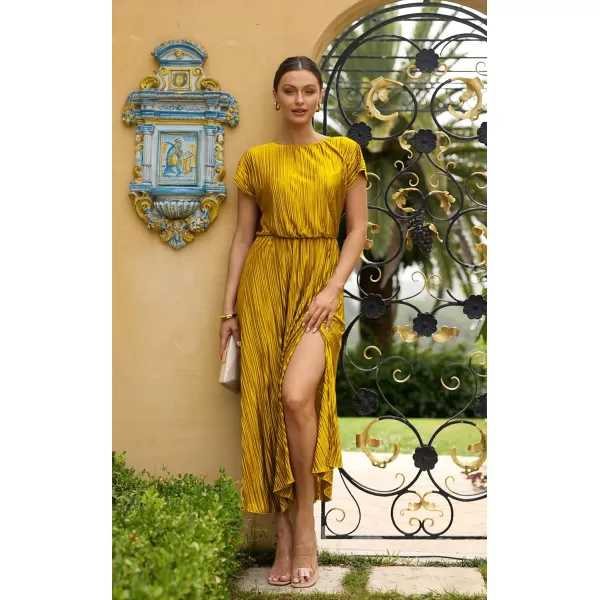 ECOWISH Womens Summer Maxi Dresses Crew Neck Ruffle Cocktail Dress Sexy Pleated Slit Long SundressesYellow