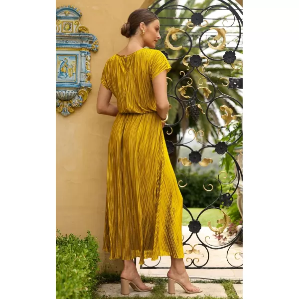 ECOWISH Womens Summer Maxi Dresses Crew Neck Ruffle Cocktail Dress Sexy Pleated Slit Long SundressesYellow