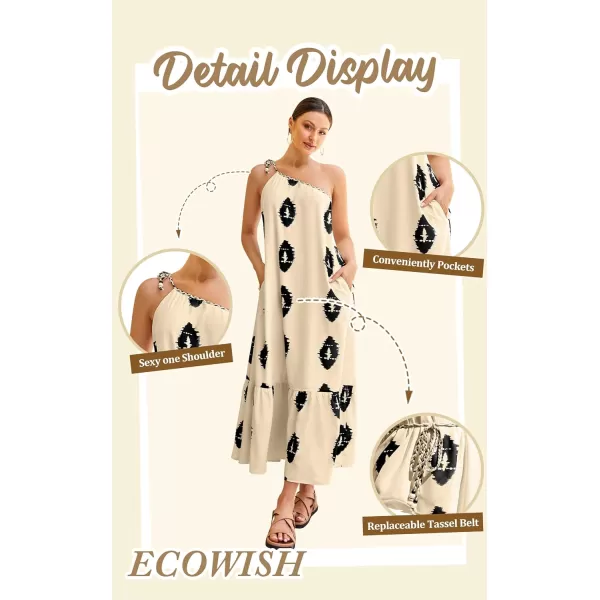 ECOWISH Womens Summer Maxi Dresses One Shoulder Midi Dresses Boho Beach Vacation Long Sundress with PocketsBeige