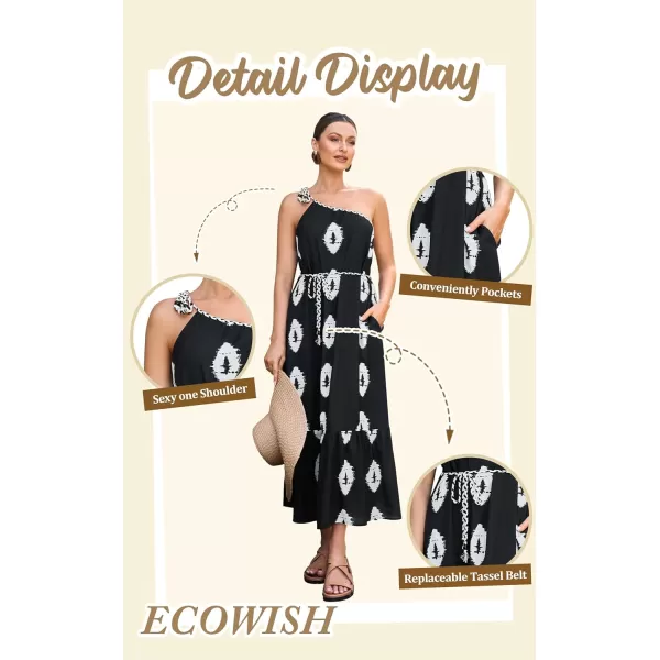 ECOWISH Womens Summer Maxi Dresses One Shoulder Midi Dresses Boho Beach Vacation Long Sundress with PocketsBlack