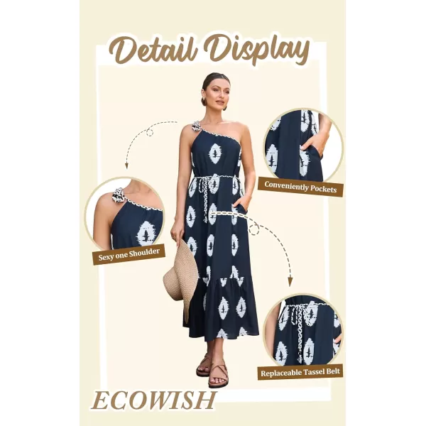 ECOWISH Womens Summer Maxi Dresses One Shoulder Midi Dresses Boho Beach Vacation Long Sundress with PocketsNavy Blue