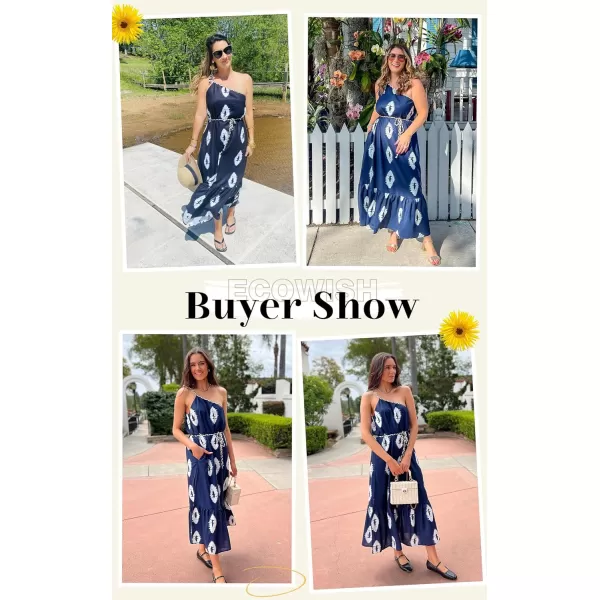 ECOWISH Womens Summer Maxi Dresses One Shoulder Midi Dresses Boho Beach Vacation Long Sundress with PocketsNavy Blue