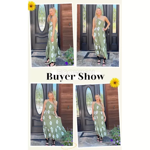 ECOWISH Womens Summer Maxi Dresses One Shoulder Midi Dresses Boho Beach Vacation Long Sundress with PocketsOlive Green