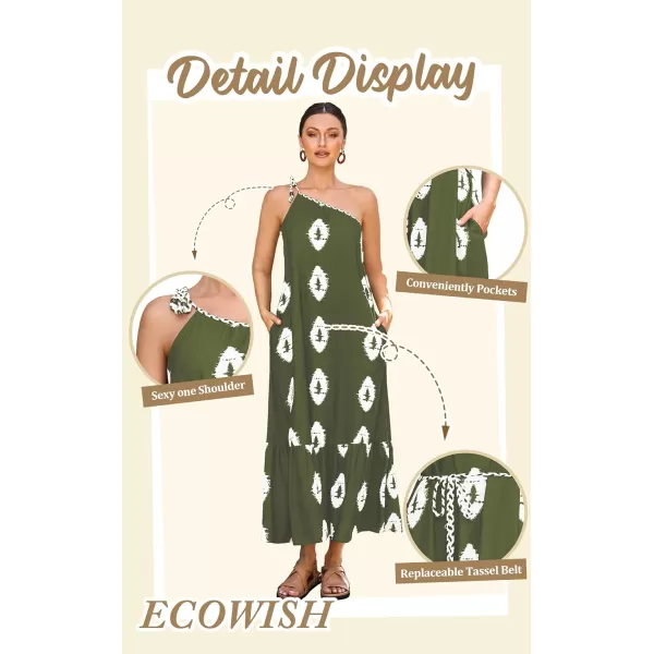 ECOWISH Womens Summer Maxi Dresses One Shoulder Midi Dresses Boho Beach Vacation Long Sundress with PocketsOlive Green
