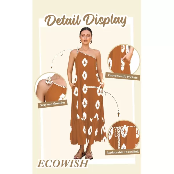 ECOWISH Womens Summer Maxi Dresses One Shoulder Midi Dresses Boho Beach Vacation Long Sundress with PocketsOrange